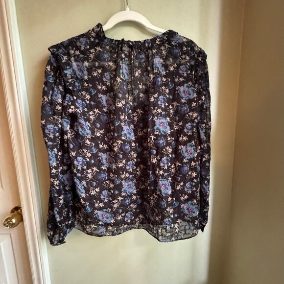 Rebecca Taylor Solstice Black Puff Sleeve Blouse Blue Floral Silk Cotton Blend - Picture 7 of 8